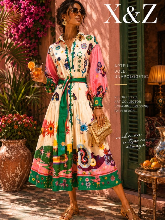 X&Z Dresses & Skirts - X&Z Maximalist Mediterranean Print Belted Dress Art Deco Resort Dress Size M
